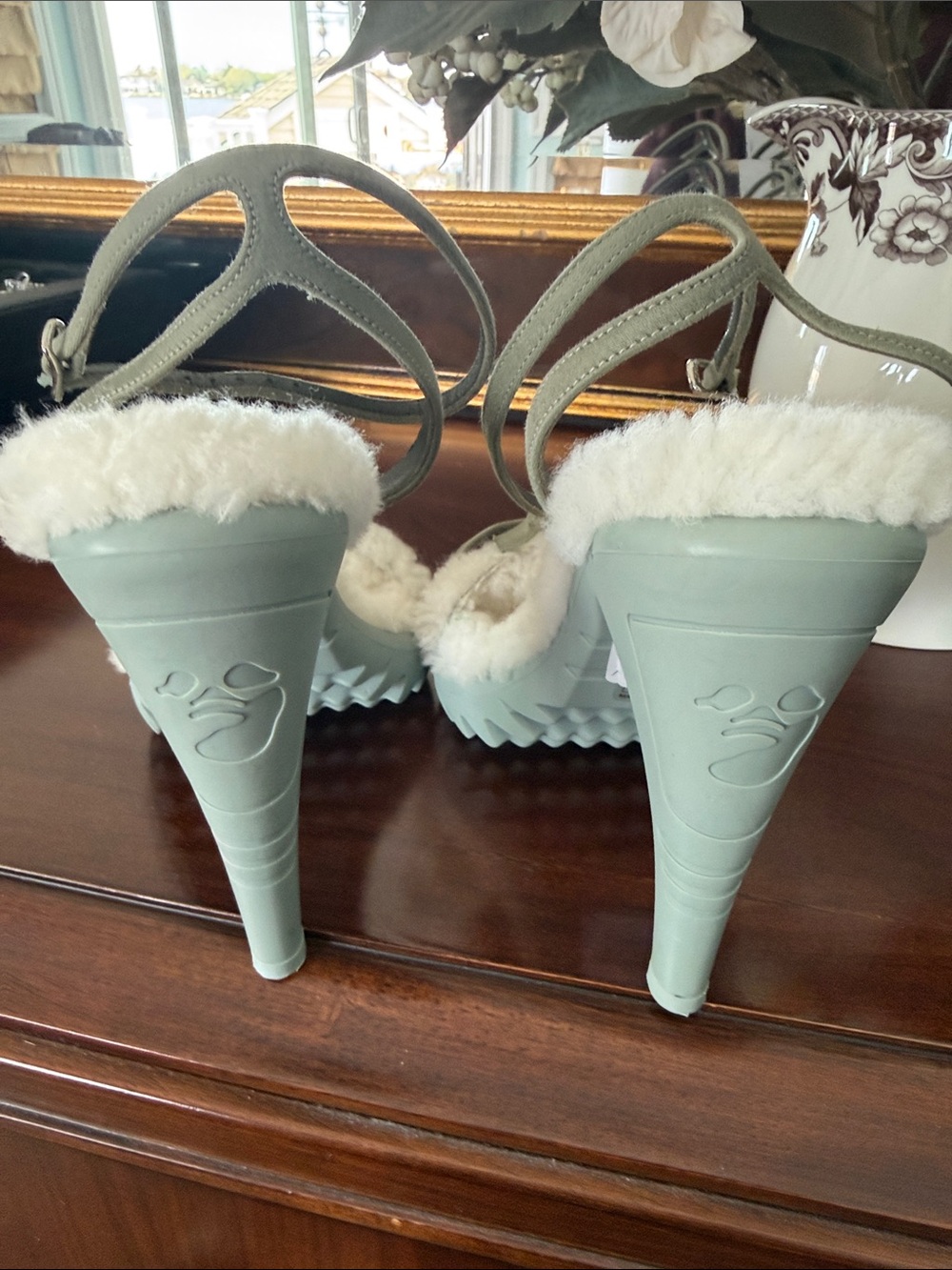Off-White Pale Blue Shearling Strap Heeled Sandals - Picture 3 of 5